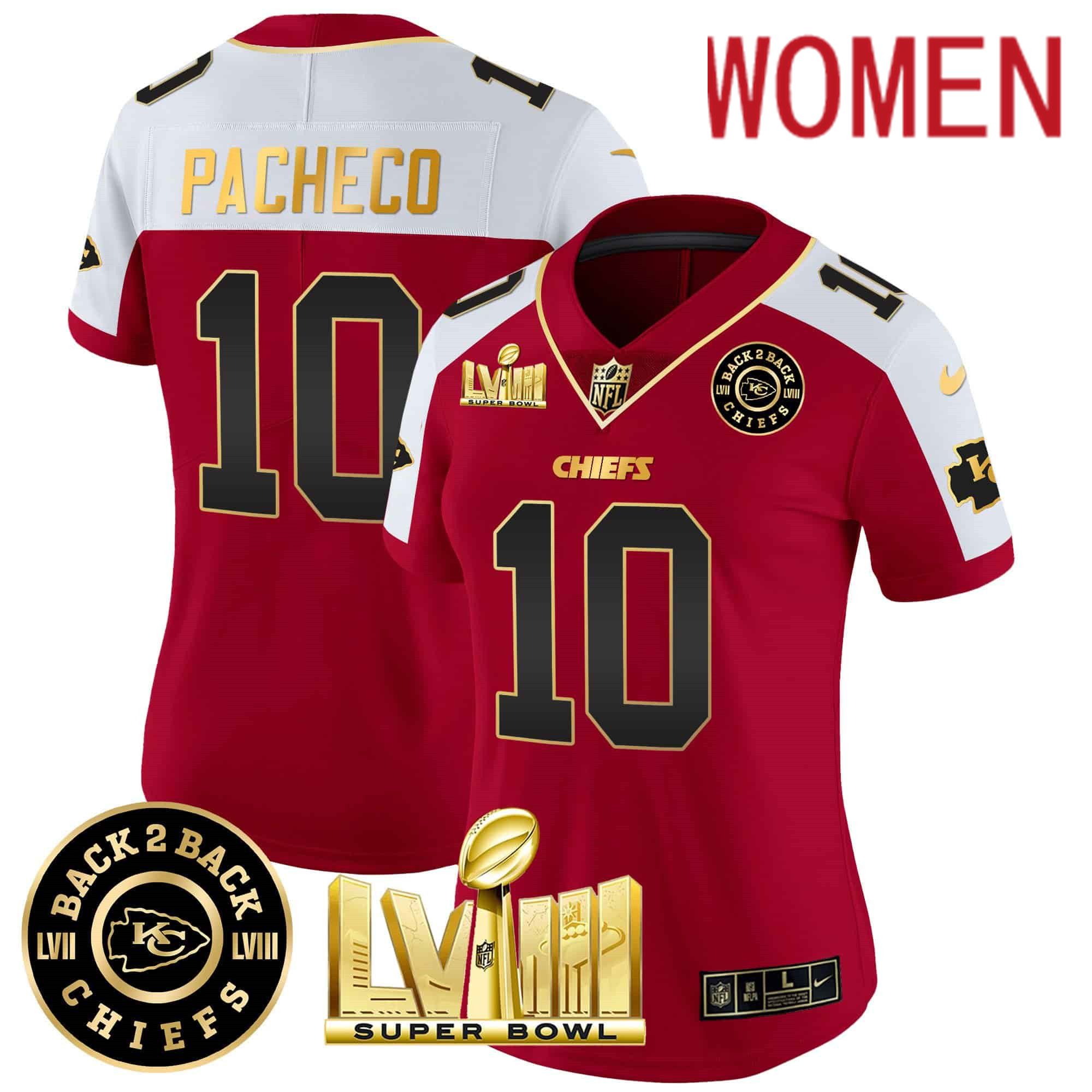 Women Kansas City Chiefs 10 Pacheco Red 2024 Nike Super Bowl LVIII & Back 2 Back Patch Vapor NFL Jersey